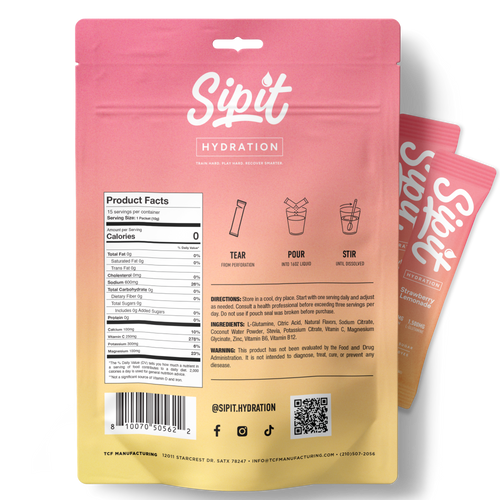 A stand-up pouch package for SipIt Hydration shown from the back on a black background, with two smaller matching pouches partially visible behind it.