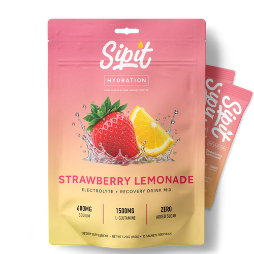 A stand-up pouch of Siput Hydration Strawberry Lemonade electrolyte and recovery drink mix, shown on a clean white background with two smaller packets behind it.